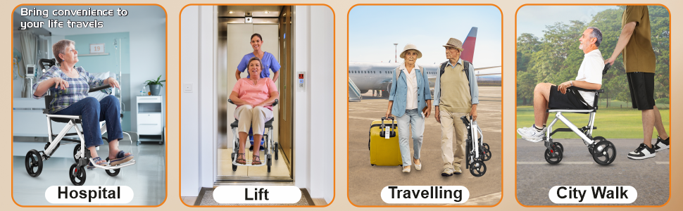 Four scenarios showing a wheelchair with different uses including hospital, lift, travelling, and city walk.