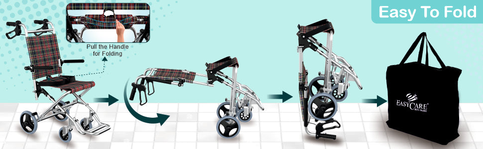 Collapsible wheelchair with folding mechanism and carrying bag on a green and white background