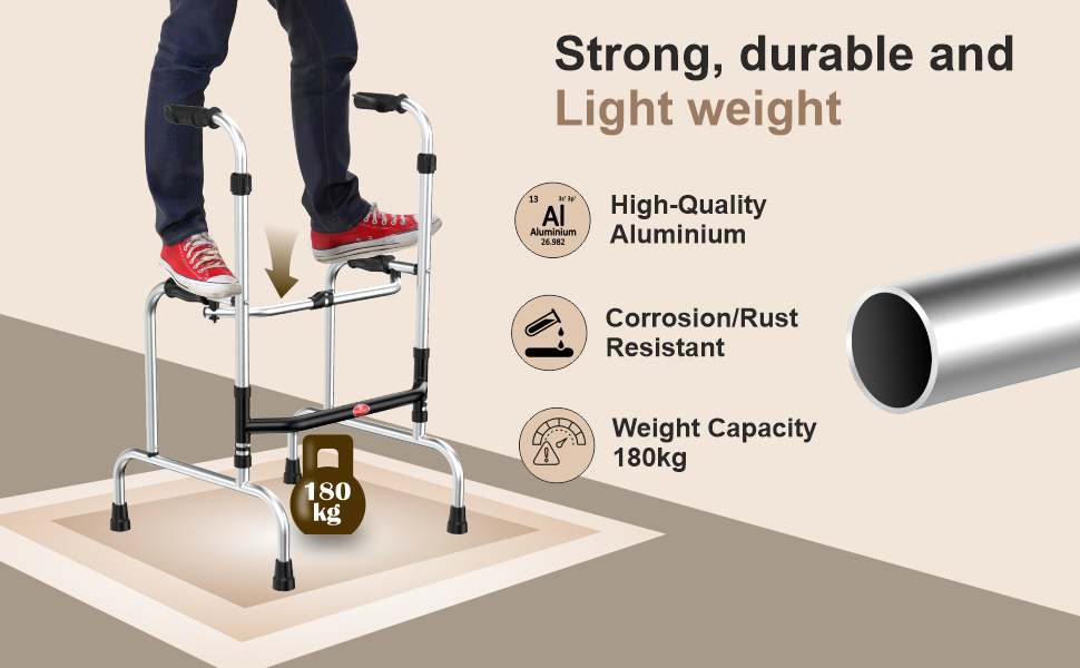 walker with person using it, highlighting strength, durability, and weight capacity on a beige background.
