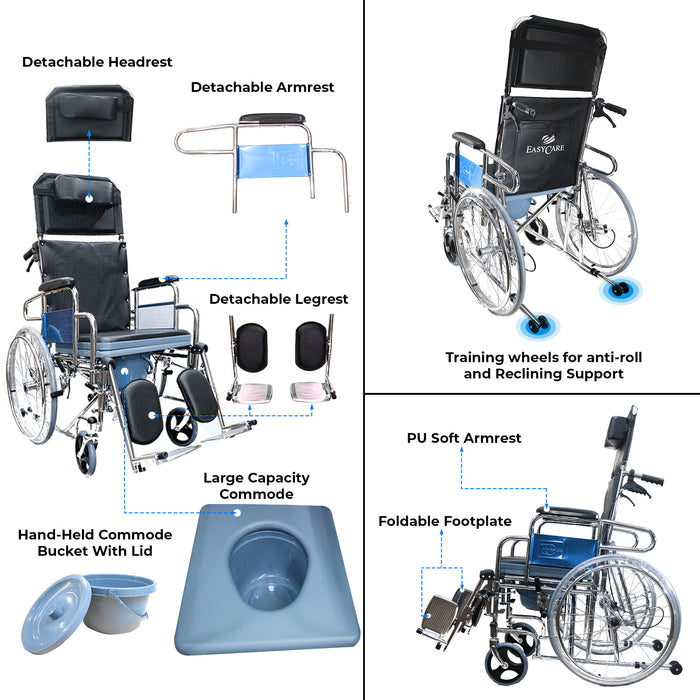 EASYCARE Portable Steel Wheelchair with Backrest Reclining 90-180 degree, Commode (Capacity upto 100kgs) United Brake