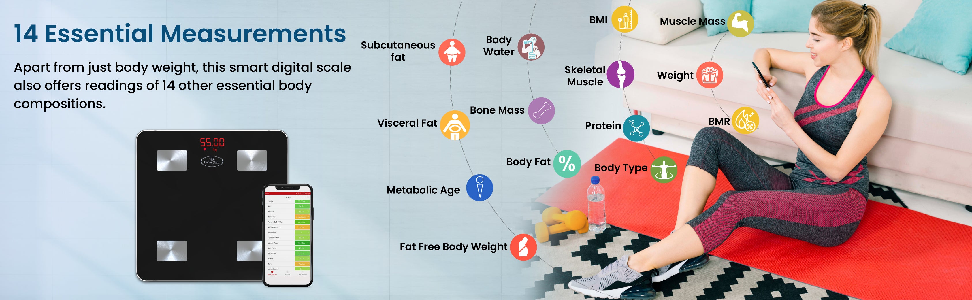Smart digital Weighing scale with body composition readings displayed on a couch