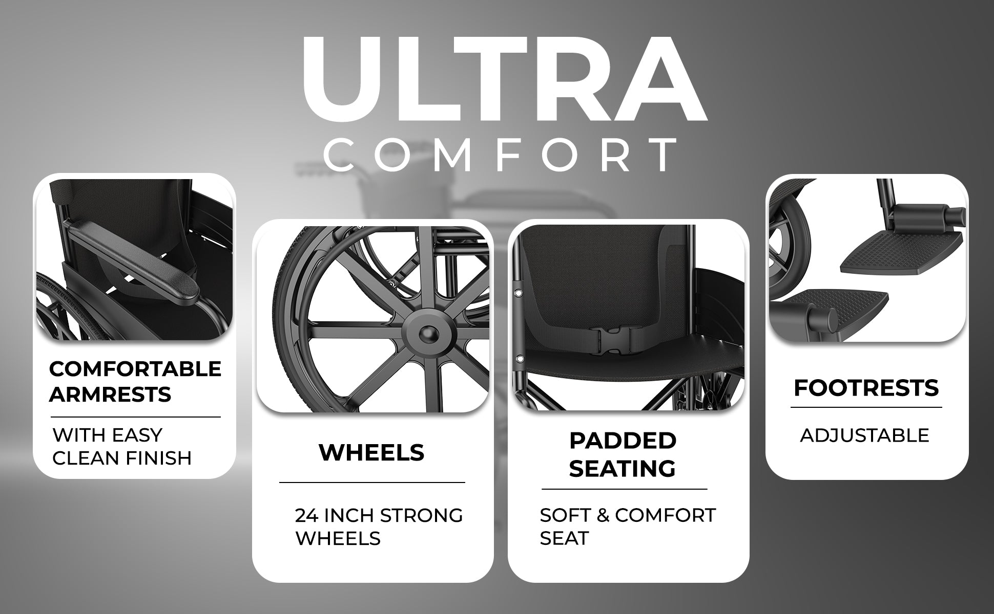 Promotional graphic highlighting features of a wheelchair with 'Ultra Comfort' branding.