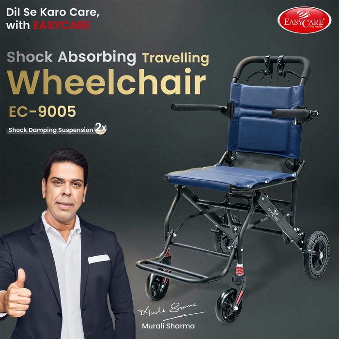 EASYCARE Portable Mild Steel Traveling Wheelchair with 105 kg Weight Capacity, Attendant Brake, Safety Belt, Back Pocket, Carry Bag, and Smooth Mobility for Travel (EC9005)