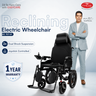 Reclining electric wheelchair with EASYCARE branding and features listed on a white background.