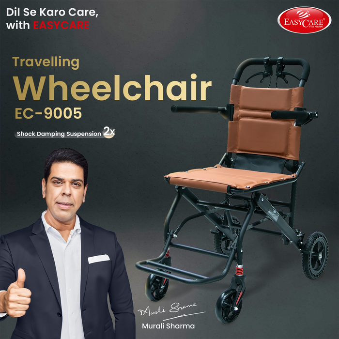 EASYCARE Portable Mild Steel Traveling Wheelchair with 105 kg Weight Capacity, Attendant Brake, Safety Belt, Back Pocket, Carry Bag, and Smooth Mobility for Travel (EC9005)