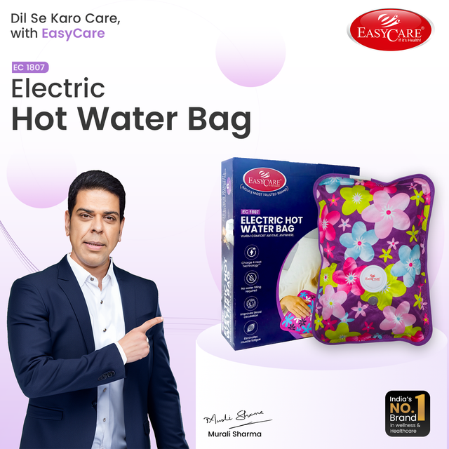 Electric hot water bag with packaging and a man pointing at it, branded as EasyCare.