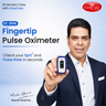 A man in a navy suit and white shirt holds up a blue and white EasyCare fingertip pulse oximeter against a light blue background with promotional text and the EasyCare logo.