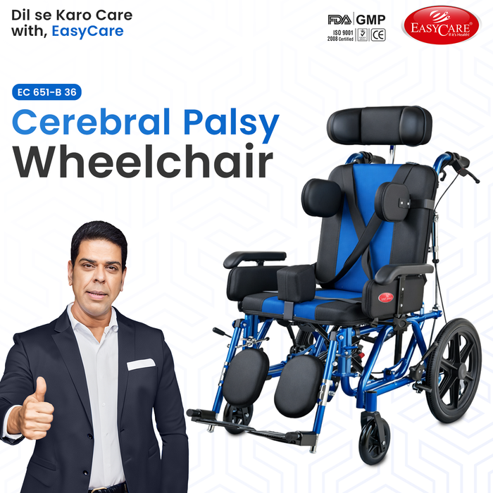 Blue wheelchair with a man giving a thumbs-up, featuring EasyCare branding.