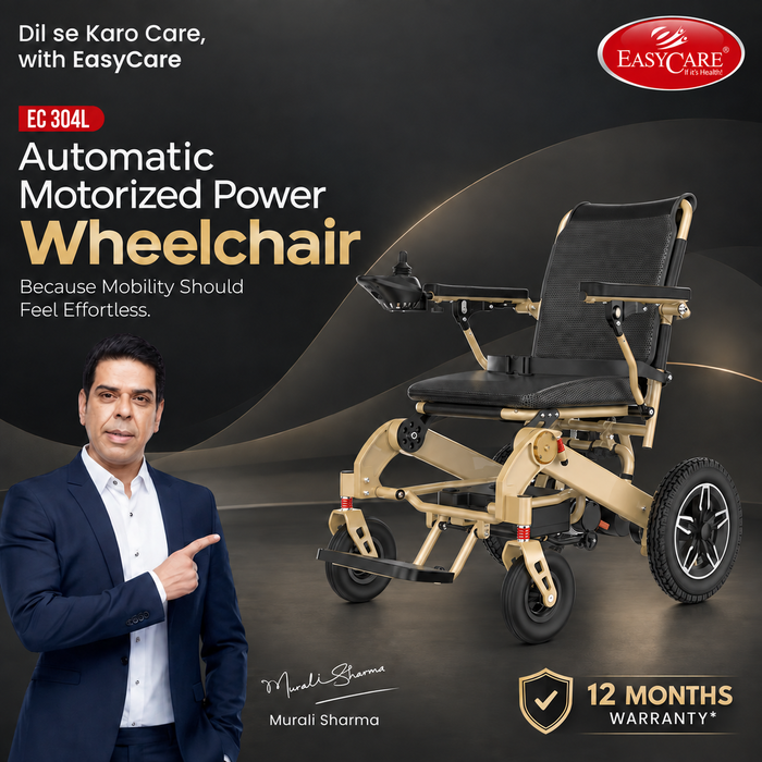 Promotional graphic for the EasyCare EC 304L automatic motorized power wheelchair. The wheelchair features a black seat and backrest with a tan/beige frame, shown alongside a male presenter in a navy suit pointing towards the product.
