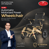 Promotional graphic for the EasyCare EC 304L automatic motorized power wheelchair. The wheelchair features a black seat and backrest with a tan/beige frame, shown alongside a male presenter in a navy suit pointing towards the product.