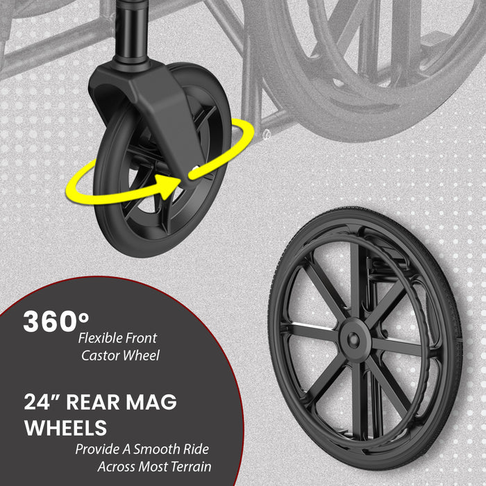360° flexible front castor wheel and 24" rear mag wheels providing a smooth ride across most terrains in a foldable commode wheelchair. Ideal for easy mobility with enhanced stability for elderly users and patients on various surfaces.