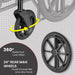 360° flexible front castor wheel and 24" rear mag wheels providing a smooth ride across most terrains in a foldable commode wheelchair. Ideal for easy mobility with enhanced stability for elderly users and patients on various surfaces.