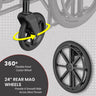 360° flexible front castor wheel and 24" rear mag wheels providing a smooth ride across most terrains in a foldable commode wheelchair. Ideal for easy mobility with enhanced stability for elderly users and patients on various surfaces.
