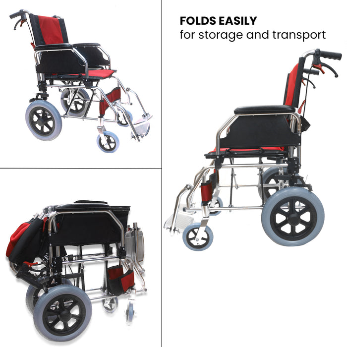 EASYCARE Portable Aluminum Wheelchair with Locking Hand Brakes, 12” Rear Wheels, Foldable Backrest, Capacity upto 120 Kg