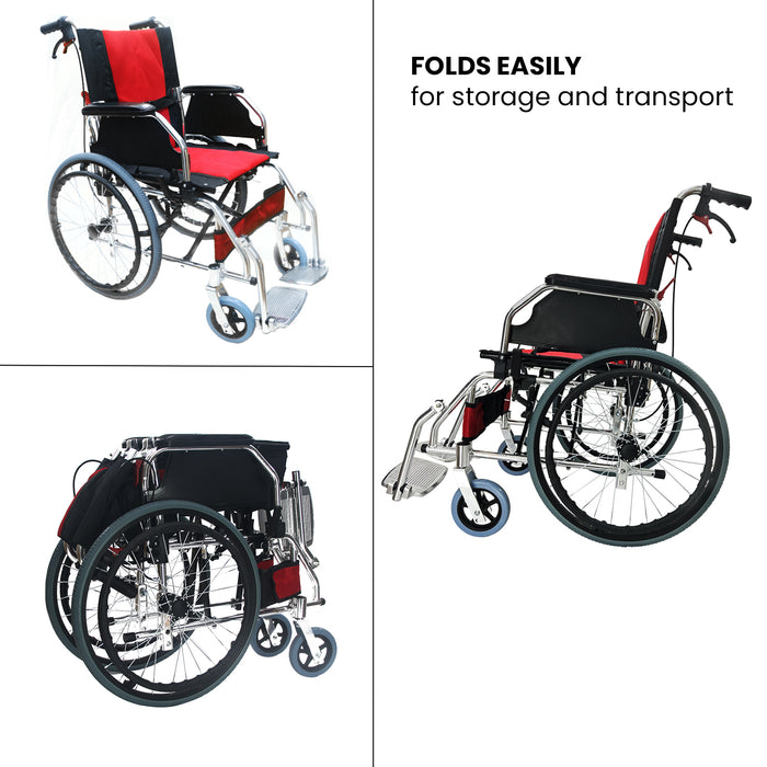 EASYCARE Portable Aluminium Wheelchair with Locking Hand Brakes, 20” Rear Wheels, Foldable Backrest, Capacity upto 120 Kg