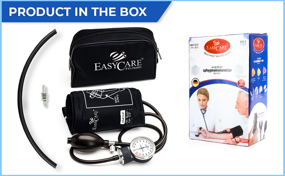 Blood pressure monitor set with Easycare branding on a blue background
