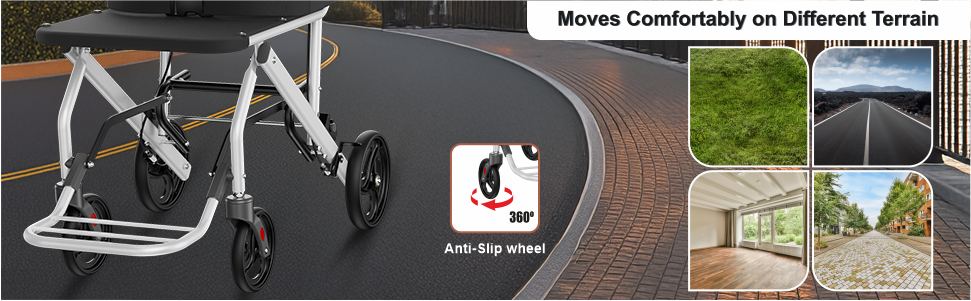 Foldable weelchair with anti-slip wheels on a road, surrounded by images of different terrains it can navigate.