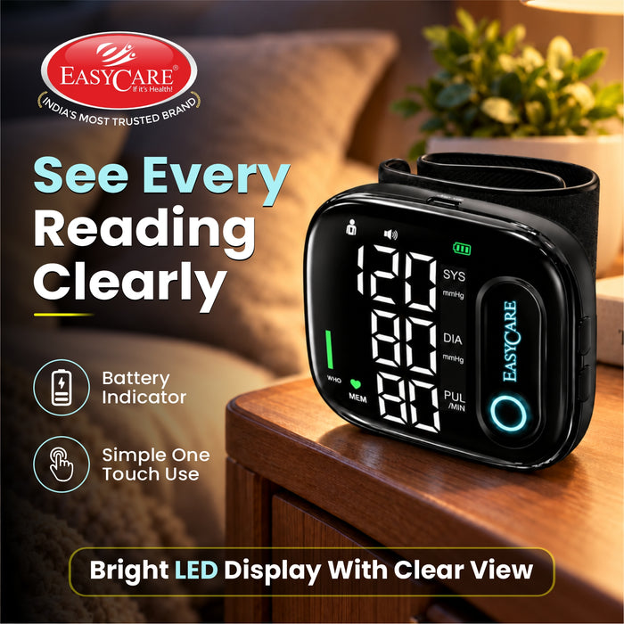 EASYCARE EC9910 Digital Wrist Blood Pressure Monitor for Home Use | Rechargeable BP Machine with Large LED Display, Voice Guidance, 2 Users × 99 Memory, Pulse Rate & Irregular Heartbeat Indicator