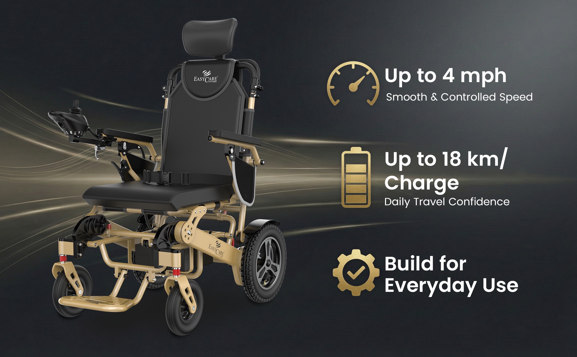 Electric wheelchair with features highlighted on a dark background