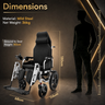 Electric wheelchair with dimensions and material details on a dark background