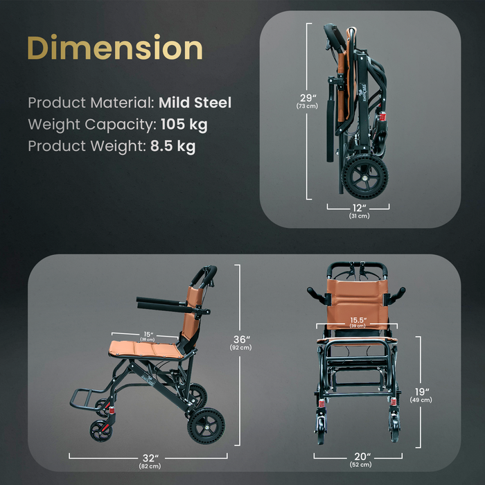 EASYCARE Portable Mild Steel Traveling Wheelchair with 105 kg Weight Capacity, Attendant Brake, Safety Belt, Back Pocket, Carry Bag, and Smooth Mobility for Travel (EC9005)