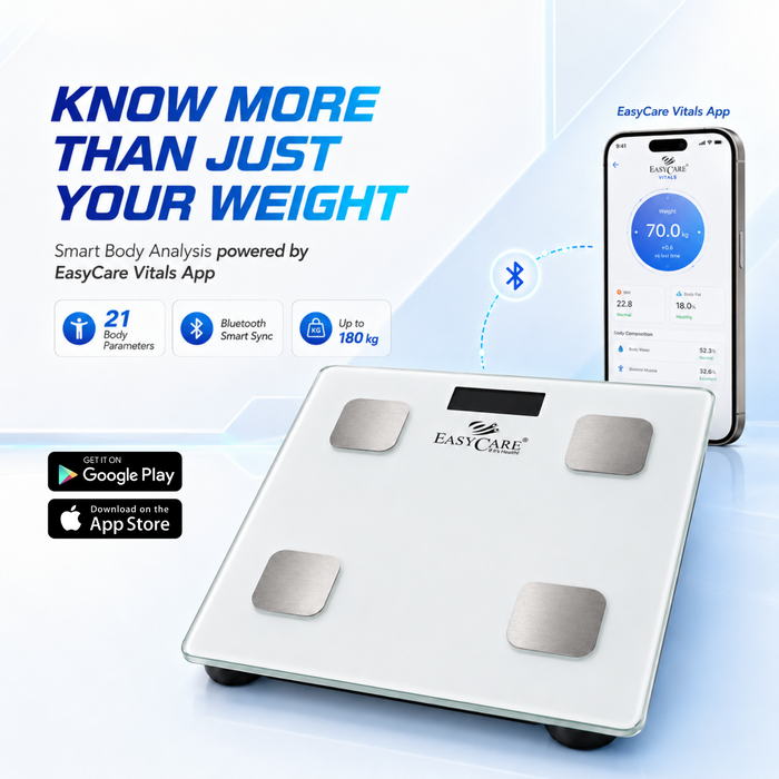 EASYCARE Smart BMI Weighing Scale for Adults | 21 Body Composition Parameters | Bluetooth Smart Sync with App | 180 kg Capacity | Digital Weight & Body Fat Monitor - White