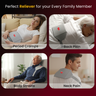 Product advertisement showing its use for period cramps, back pain, body strains, and neck pain with people using it in various settings.