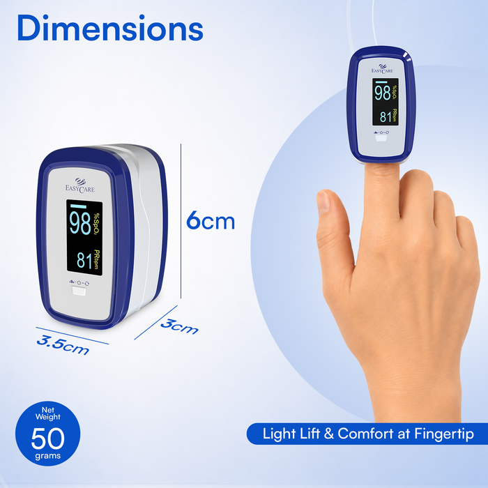A fingertip pulse oximeter shown in two views on a light blue background: one standalone product view labeled with dimensions 3.5 cm by 6 cm and 50 grams, and one view worn on a finger.