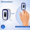 A fingertip pulse oximeter shown in two views on a light blue background: one standalone product view labeled with dimensions 3.5 cm by 6 cm and 50 grams, and one view worn on a finger.