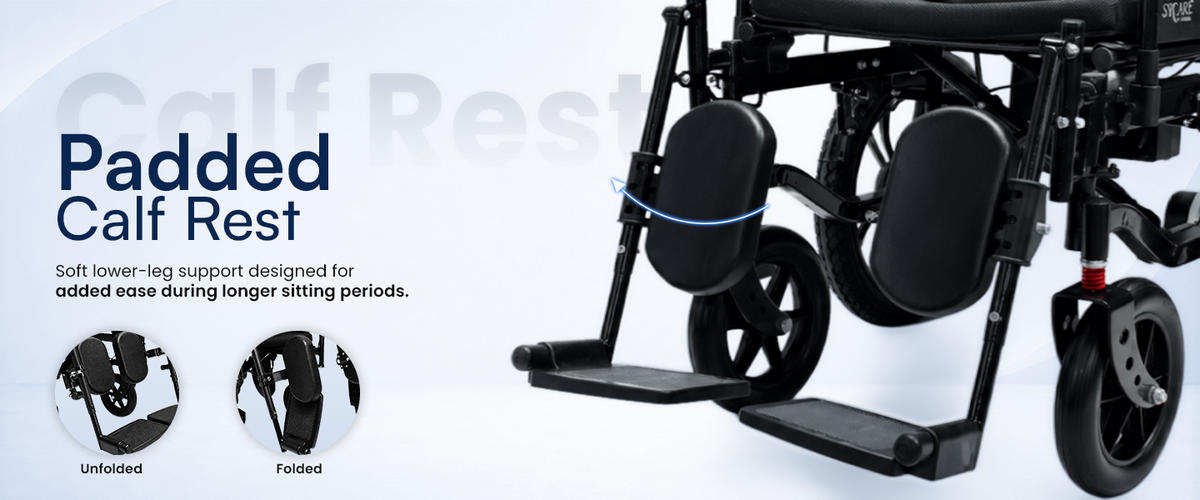 Electric Wheelchair with padded calf rest feature on a light blue background