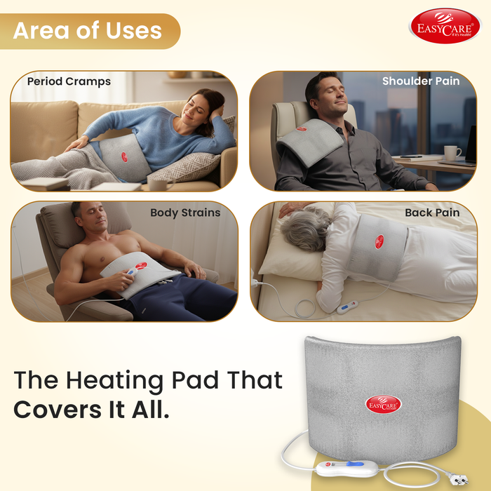 fabric Heating pad with Easycare branding used for various pain relief scenarios on a beige background.
