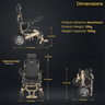 Dimensions and specifications of a  electric wheelchair on a dark background