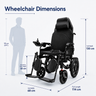 Electric Wheelchair dimensions displayed with a silhouette of a person for scale on a white background.