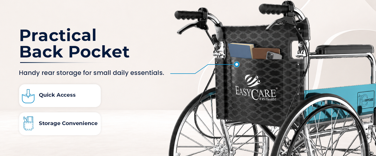 Wheelchair with an EasyCare back pocket storage system on a white background