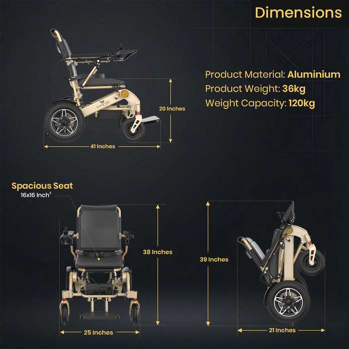 A dark informational graphic showing a compact electric wheelchair from multiple angles with dimension labels. The image includes text reading 'Dimensions,' 'Product Material: Aluminium,' 'Product Weight: 38kg,' 'Weight Capacity: 120kg,' 'Spacious Seat 16x16 inch,' and measurements for width, height, and seat depth.
