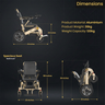 A dark informational graphic showing a compact electric wheelchair from multiple angles with dimension labels. The image includes text reading 'Dimensions,' 'Product Material: Aluminium,' 'Product Weight: 38kg,' 'Weight Capacity: 120kg,' 'Spacious Seat 16x16 inch,' and measurements for width, height, and seat depth.