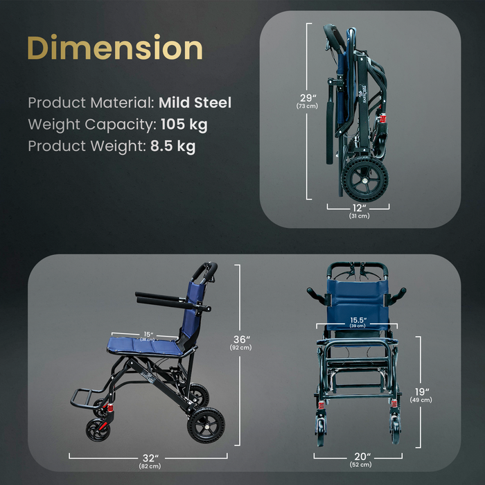 EASYCARE Portable Mild Steel Traveling Wheelchair with 105 kg Weight Capacity, Attendant Brake, Safety Belt, Back Pocket, Carry Bag, and Smooth Mobility for Travel (EC9005)