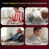 Product advertisement showing its use for muscle strains, back pain, body strains, and neck pain relief.