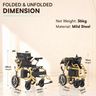 Foldable electric wheelchair with dimensions and weight information on a beige background