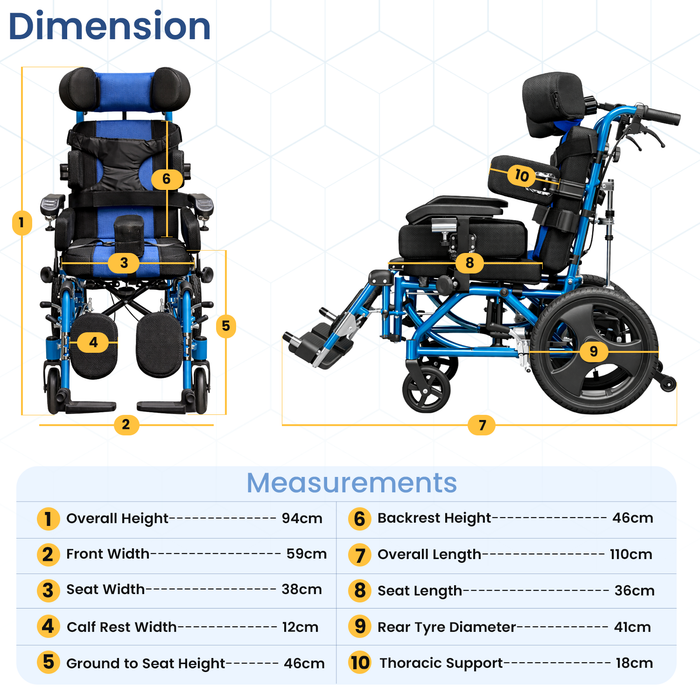 Measurement chart of a wheelchair with labeled dimensions on a white background