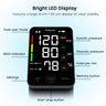 Blood pressure monitor with labeled display and features on a white background