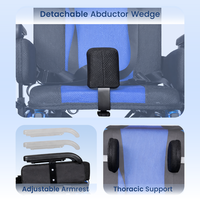 Chair with detachable abductor wedge, adjustable armrest, and thoracic support on a blue background.