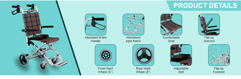Product details of a folding wheelchair with features highlighted on a green background