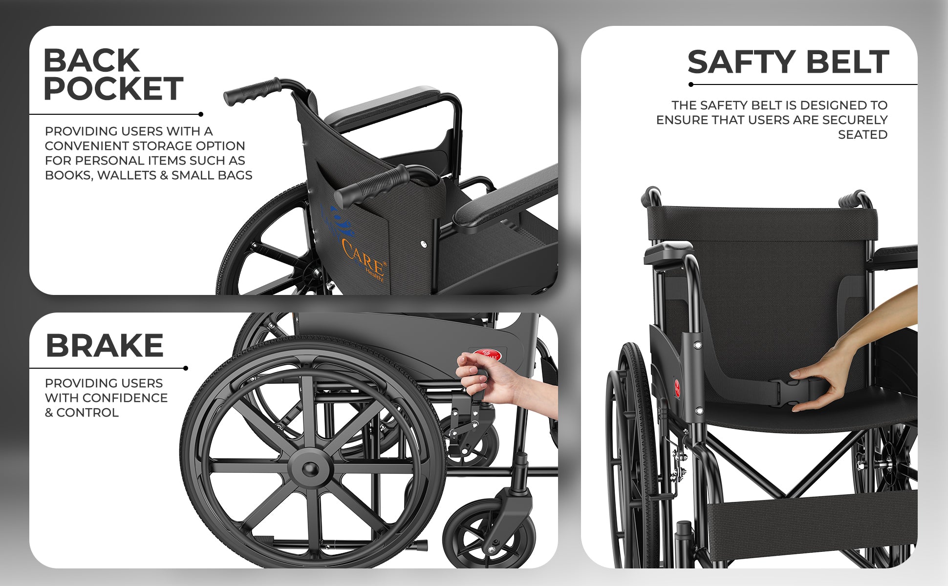 Features of a wheelchair including back pocket, safety belt, and brake.