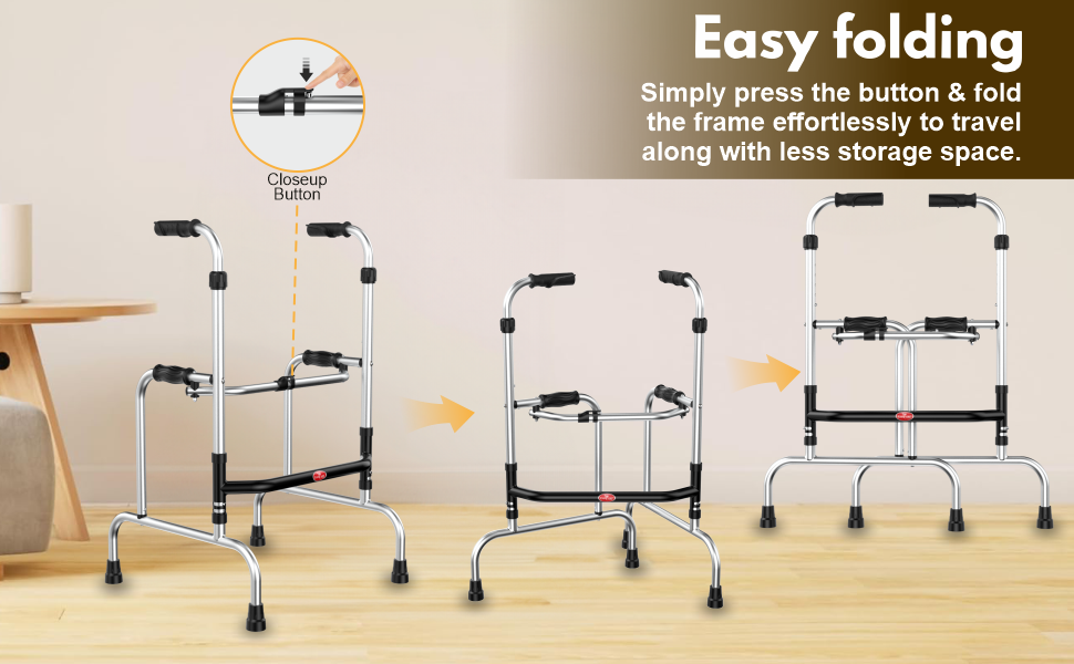 Foldable walker with easy folding mechanism on a wooden floor.