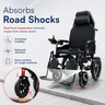 Electric wheelchair with suspension system features on a white background