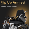 Black electric wheelchair with flip-up armrest feature on a dark background