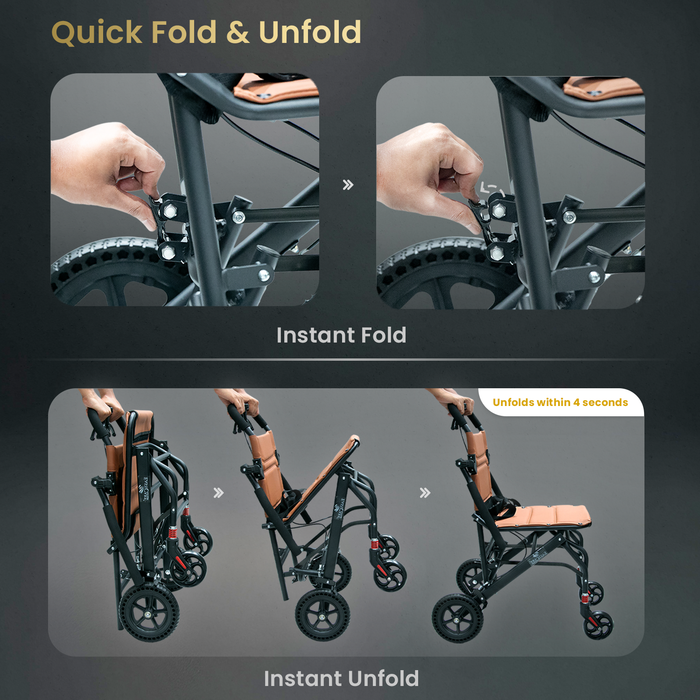 EASYCARE Portable Mild Steel Traveling Wheelchair with 105 kg Weight Capacity, Attendant Brake, Safety Belt, Back Pocket, Carry Bag, and Smooth Mobility for Travel (EC9005)