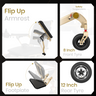 Four-panel product feature graphic for a flip-up armrest and footplate wheelchair chair. The panels show close-up views of the black and tan chair components, including an 8-inch front tire and a 12-inch rear tire, with text labels and arrows explaining features like safety suspensions.