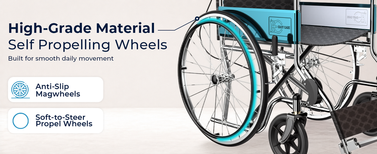 Wheelchair with highlighted self-propelling wheels on a light background
